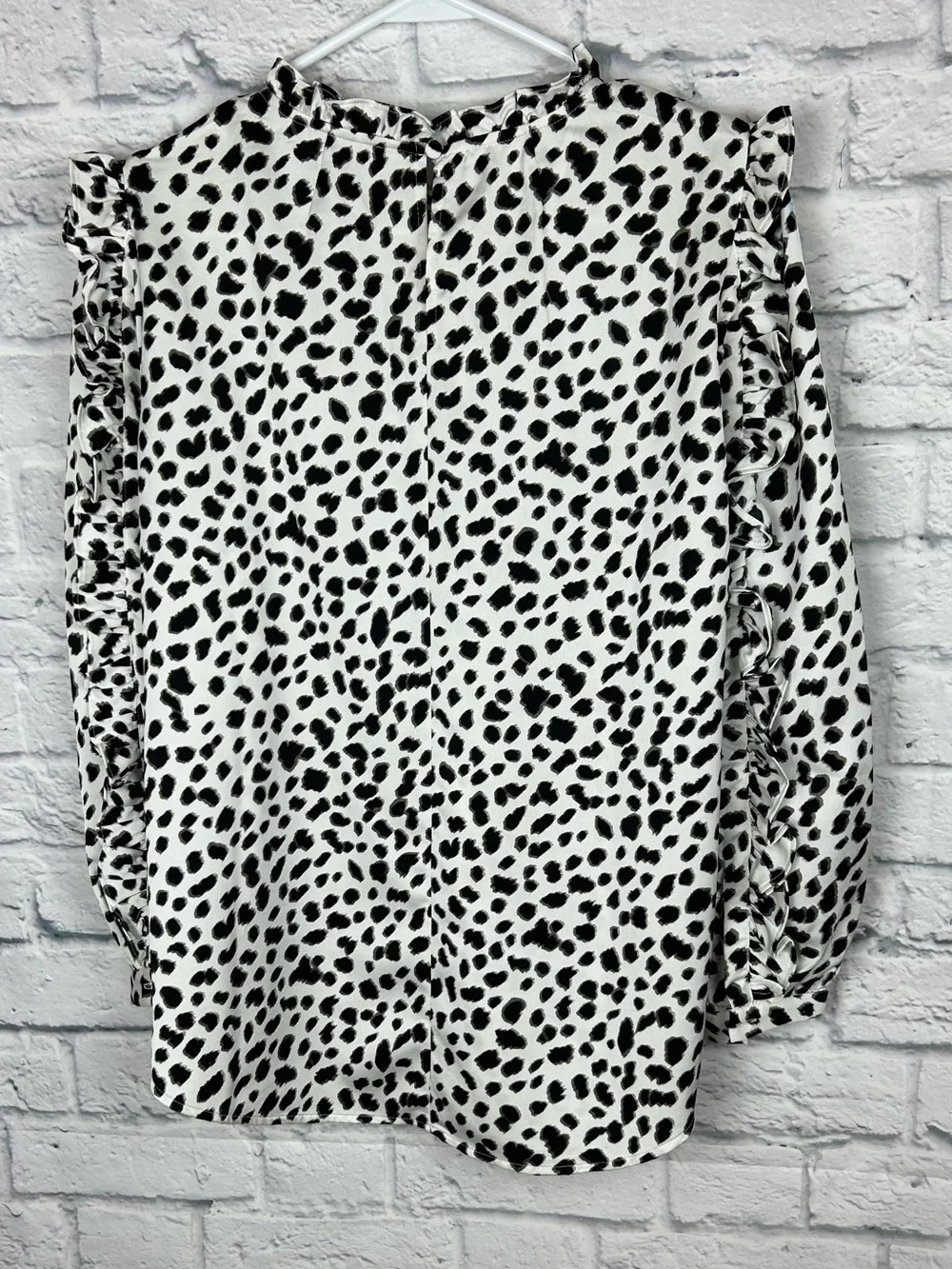 J.Crew Leopard Spot Ruffle Blouse Medium Black White Long Sleeve